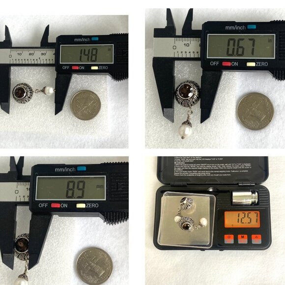 Sterling Silver 925 1.5" Signed Round Smoky Quartz & Pearl Dangle Drop Earrings - Picture 10 of 16